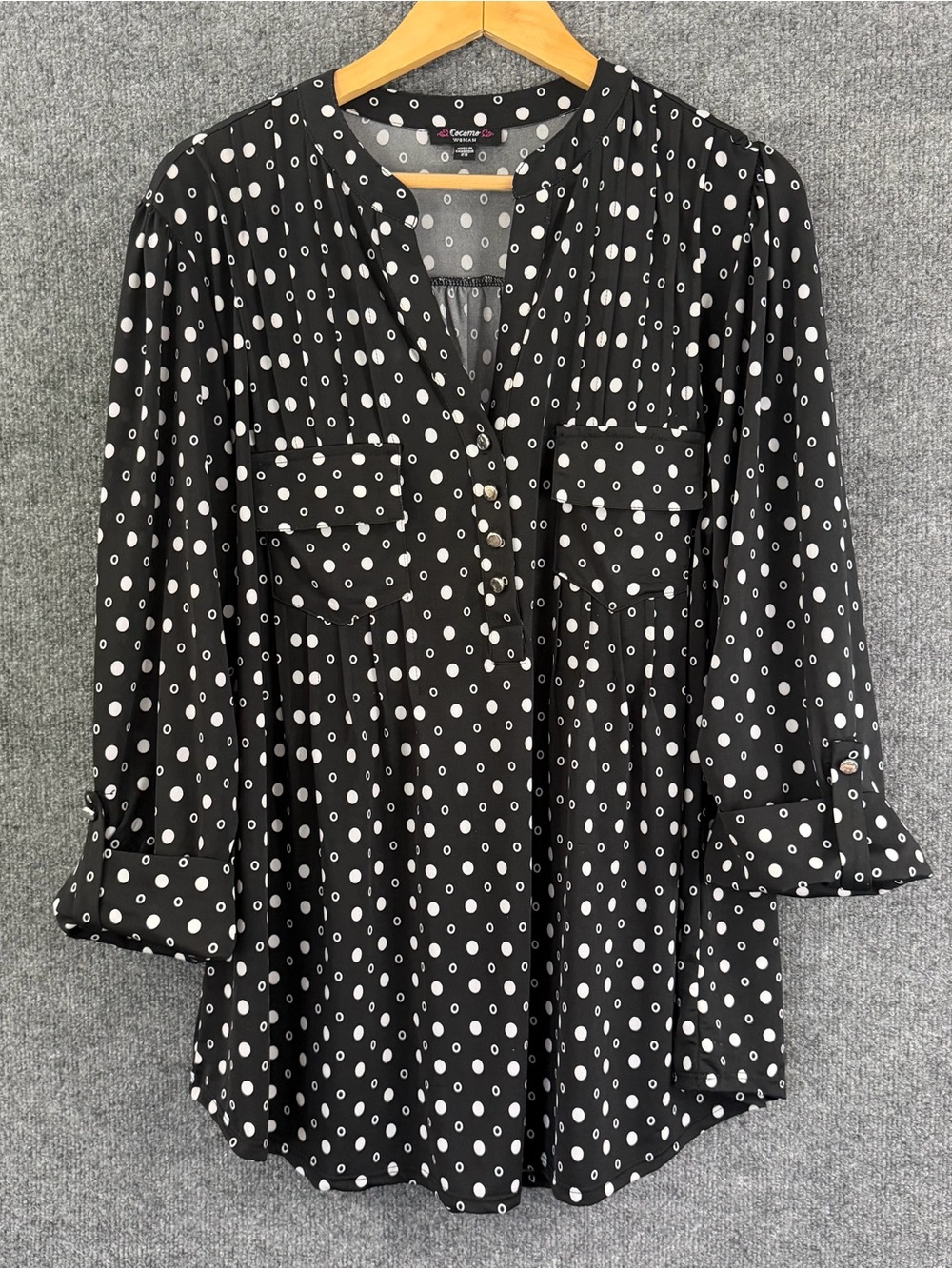 Cocomo Womens 2X Top Black White Dot Print 3/4 Sleeve Office Casual Stretch